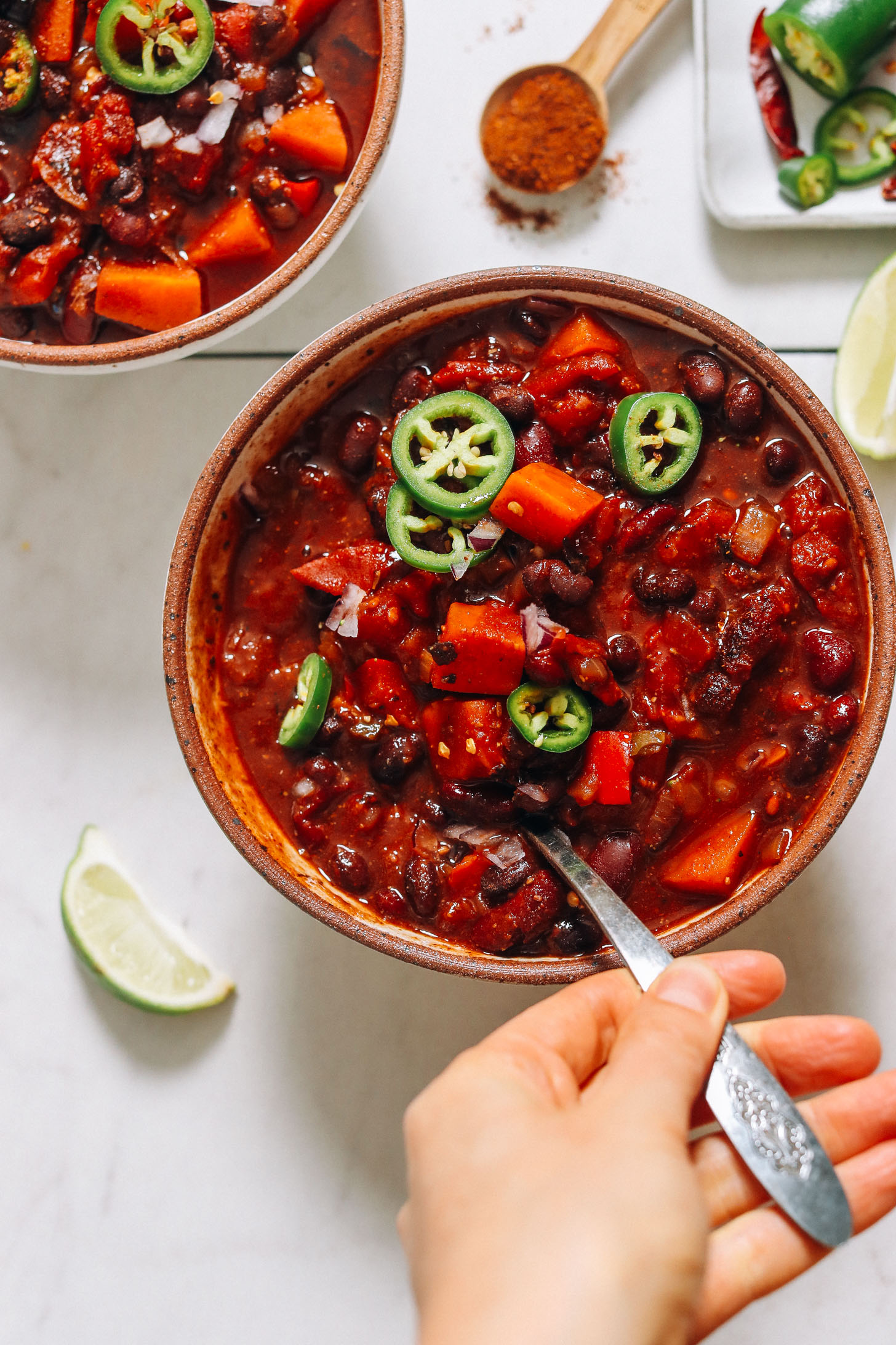 Bowl of Instant Pot chili made with sweet potato and beans