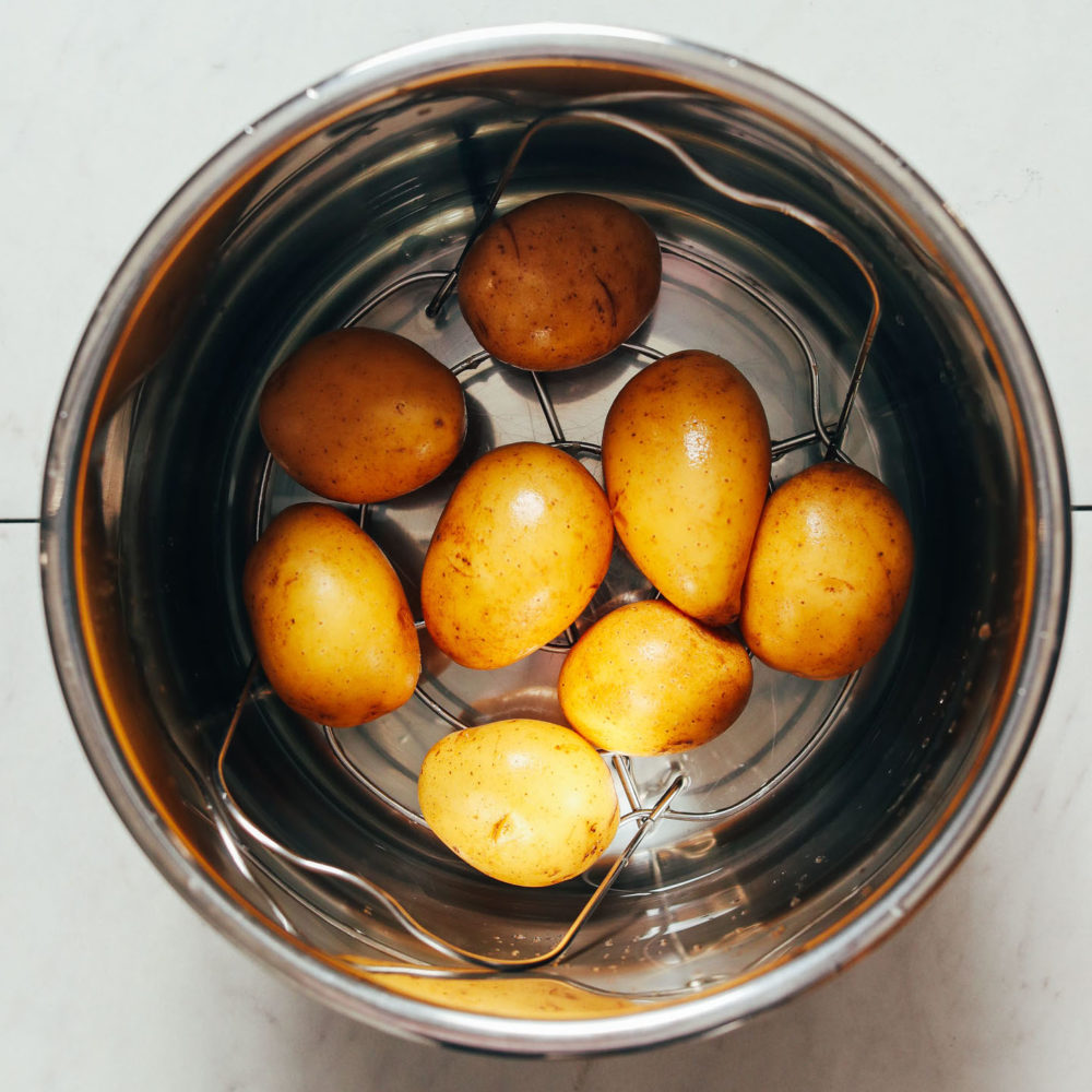 Yukon gold potatoes on a trivet in an Instant Pot