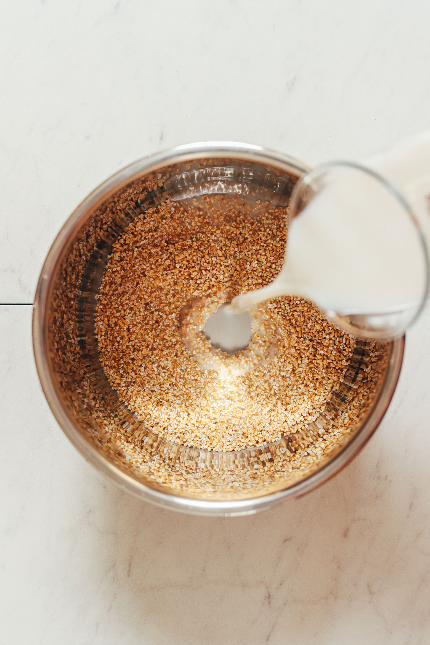 Pouring dairy-free milk into an Instant Pot of steel cut oats