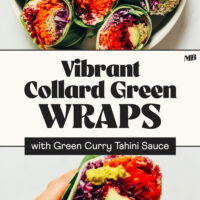 Vibrant collard green wraps with green tahini sauce on a platter and one being held