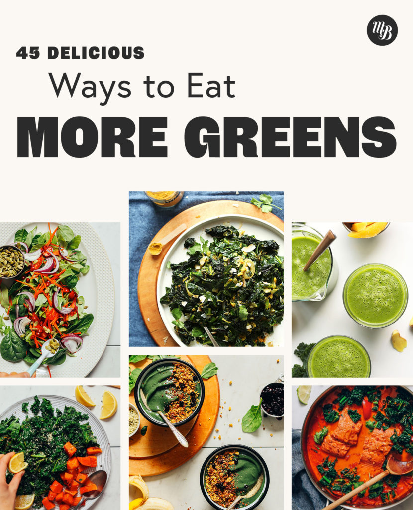 Assortment of photos of recipes made with greens
