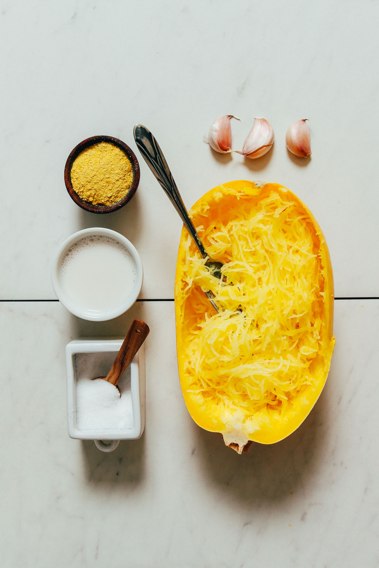Spaghetti squash, garlic, nutritional yeast, salt, and almond milk