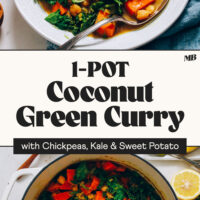 Bowl and Dutch oven filled with our 1-pot coconut green curry with chickpeas, kale, and sweet potato