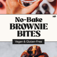 Side and overhead views of our no-bake brownie bites with text below it saying vegan and gluten-free