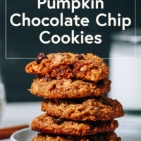 Stack of gluten-free vegan pumpkin chocolate chip cookies on a plate