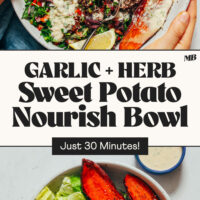 Two bowls of our garlic and herb sweet potato nourish bowl that's ready in just 30 minutes