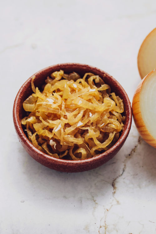 Bowl of caramelized onions made without oil