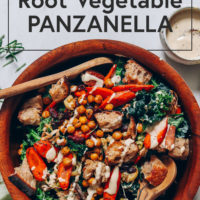 Big wood bowl of Rosemary Root Vegetable Panzanella