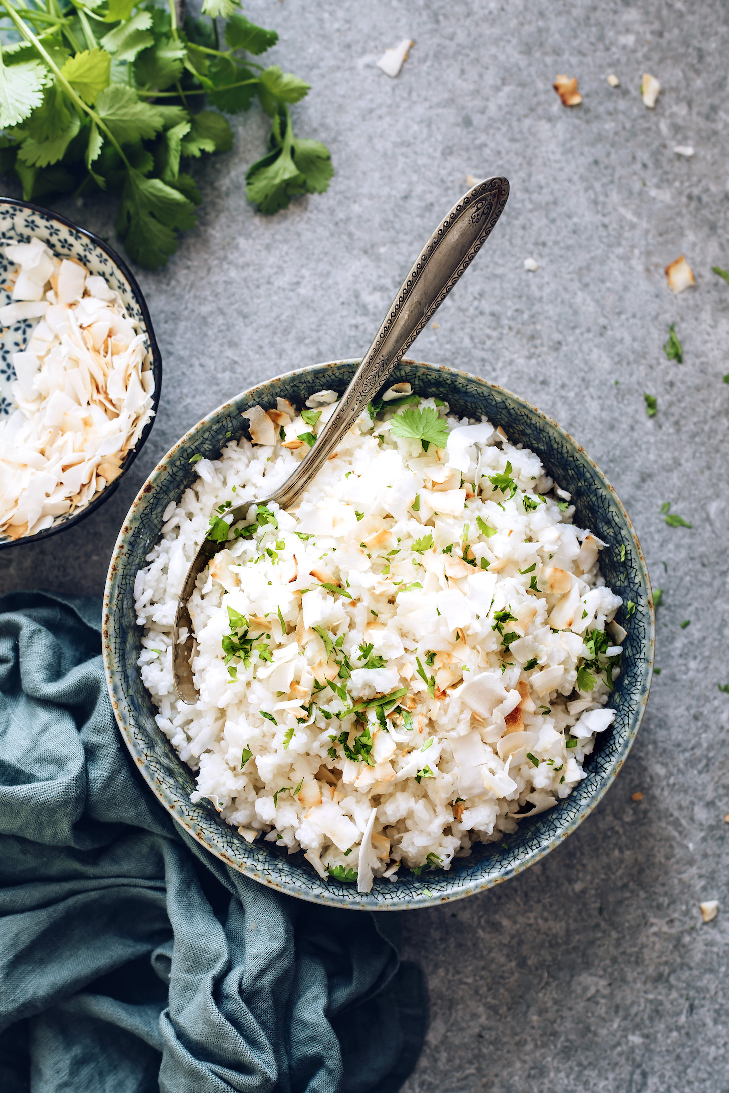 Coconut flakes beside a bowl of coconut rice