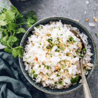 Bowl of easy coconut rice topped with cilantro and toasted coconut flakes