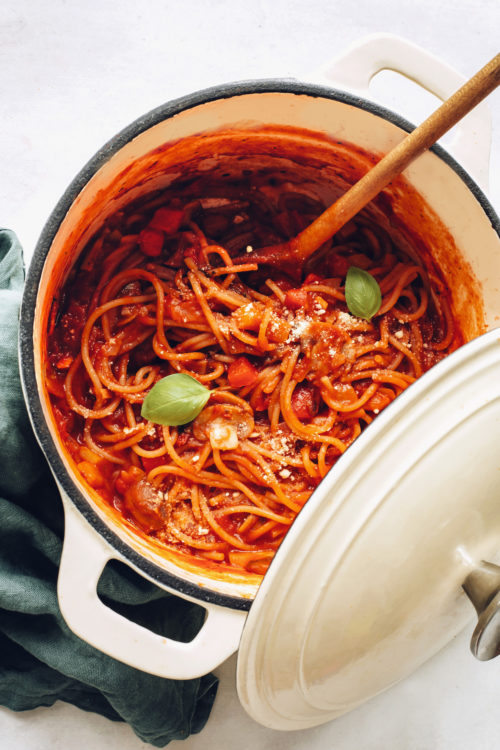 Dutch oven filled with our 1-Pot Spaghetti recipe
