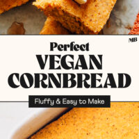 Baking pan and slice of our fluffy, easy-to-make, perfect vegan cornbread