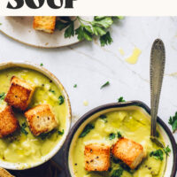 Two bowls of creamy potato green split pea soup with text saying Instant Pot friendly