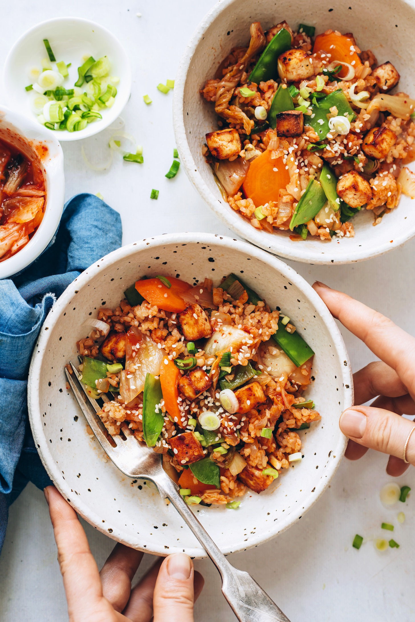Two bowls of our easy kimchi fried rice recipe