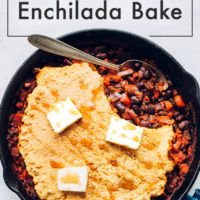 Skillet of our Cornbread and Black Bean Enchilada Bake