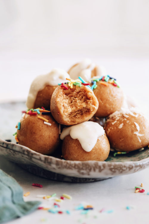 Plate piled high with no-bake sugar cookie dough bites