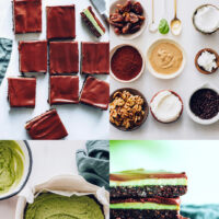 Text reading No-Bake Mint Chocolate Brownie Bars with images of the steps involved to make them