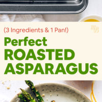 Baking sheet and plate with perfect roasted asparagus