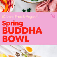 Ingredients and bowl with our spring Buddha bowl recipe