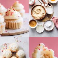 Top and side view photos of our vegan gluten-free vanilla cupcakes plus ingredients used to make them