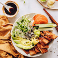 Tamari and a vegan sushi bowl with ginger marinated tofu