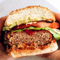 Holding a bun filled with our best vegan burger recipe and other toppings