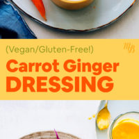 Jar of vegan and gluten-free carrot ginger dressing and salad with carrot ginger dressing on top