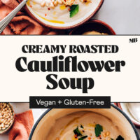 A Dutch oven and bowls of our creamy vegan and gluten-free roasted cauliflower soup