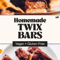 Overhead and stacked views of homemade vegan gluten-free Twix bars