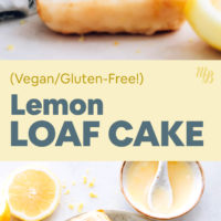 Slices of vegan and gluten-free lemon loaf cake on a plate with lemon icing
