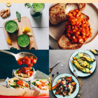Assortment of photos of healthy plant-based breakfast recipes