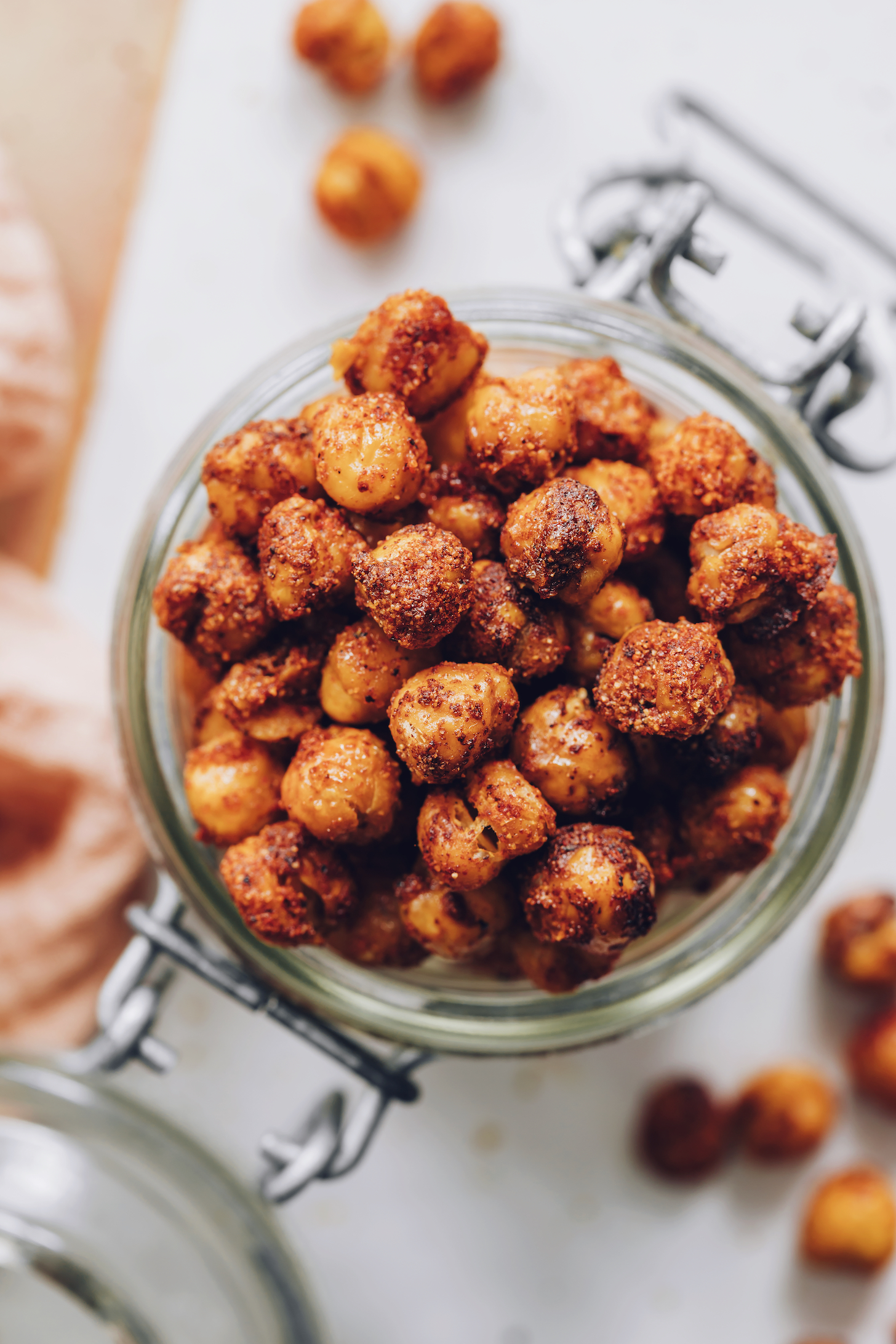 Top down shot of a jar of our bbq roasted chickpeas snack