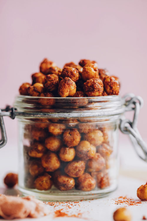 Jar of oven roasted chickpeas coated in BBQ spices