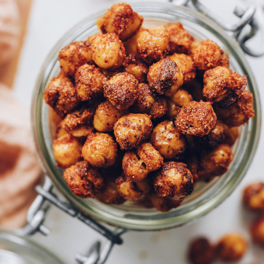 Top down shot of a jar of our bbq roasted chickpeas recipe
