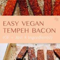 Pan of easy vegan tempeh bacon