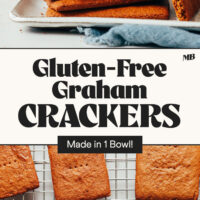 Photos of our homemade gluten-free graham crackers on a cooling rack and stacked up on a plate