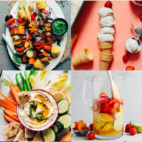 Gallery of plant-based memorial day recipes including vegan vanilla ice cream, homemade hummus, sangria, and vegetable skewers