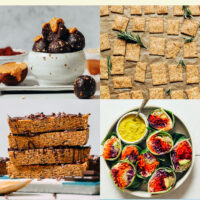 Grid of plant-based on-the-go recipes including chocolate energy bites, vegan cheese-its,