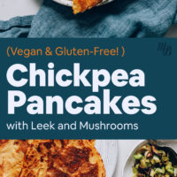 Plate of savory chickpea pancakes folded with leeks and mushrooms inside on a blue towel