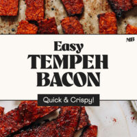 Slices of our easy tempeh bacon on a plate and baking sheet with text that says quick and crispy