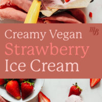 Pan and cone of creamy vegan strawberry ice cream with a fresh strawberries