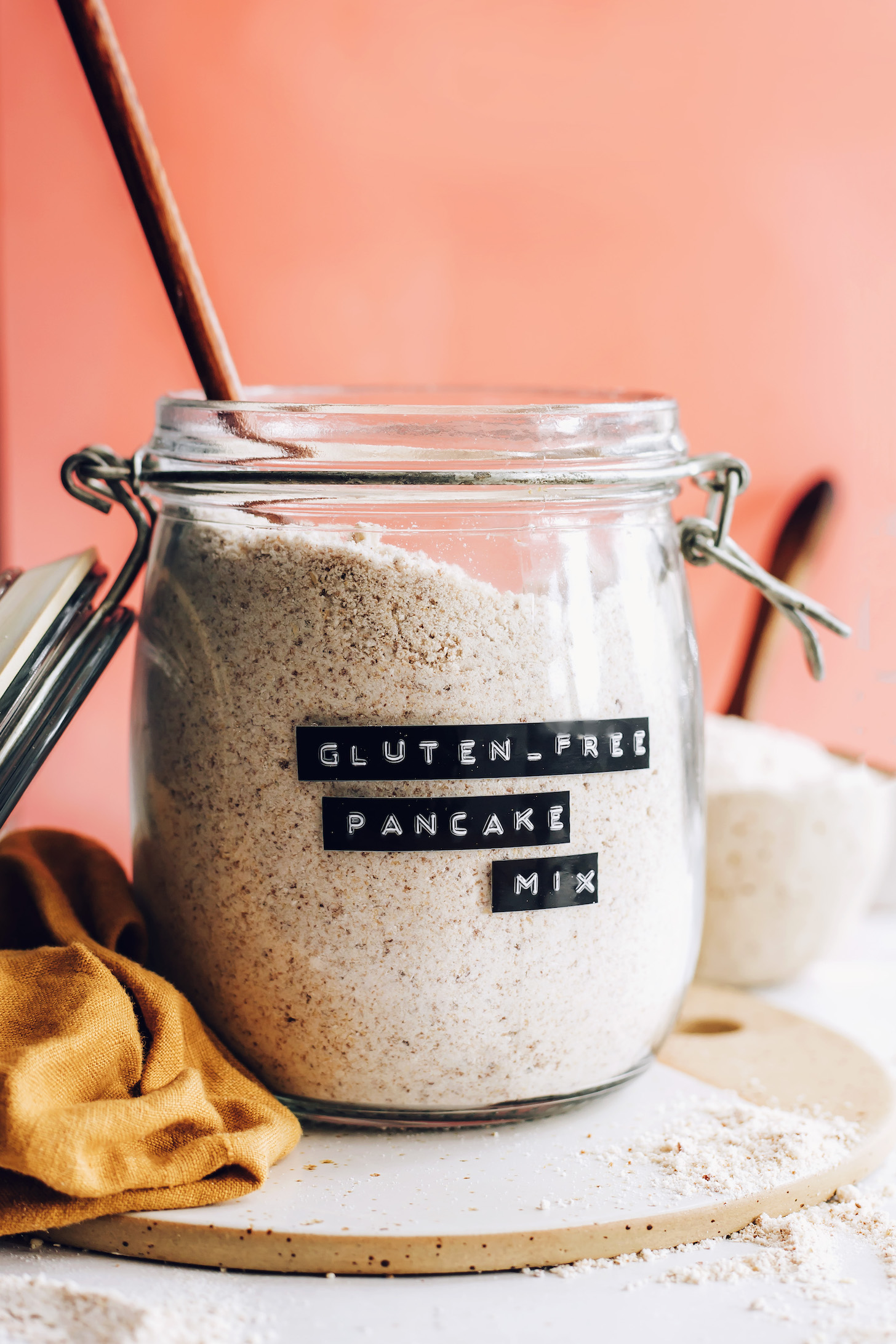 Open jar of homemade gluten-free pancake mix