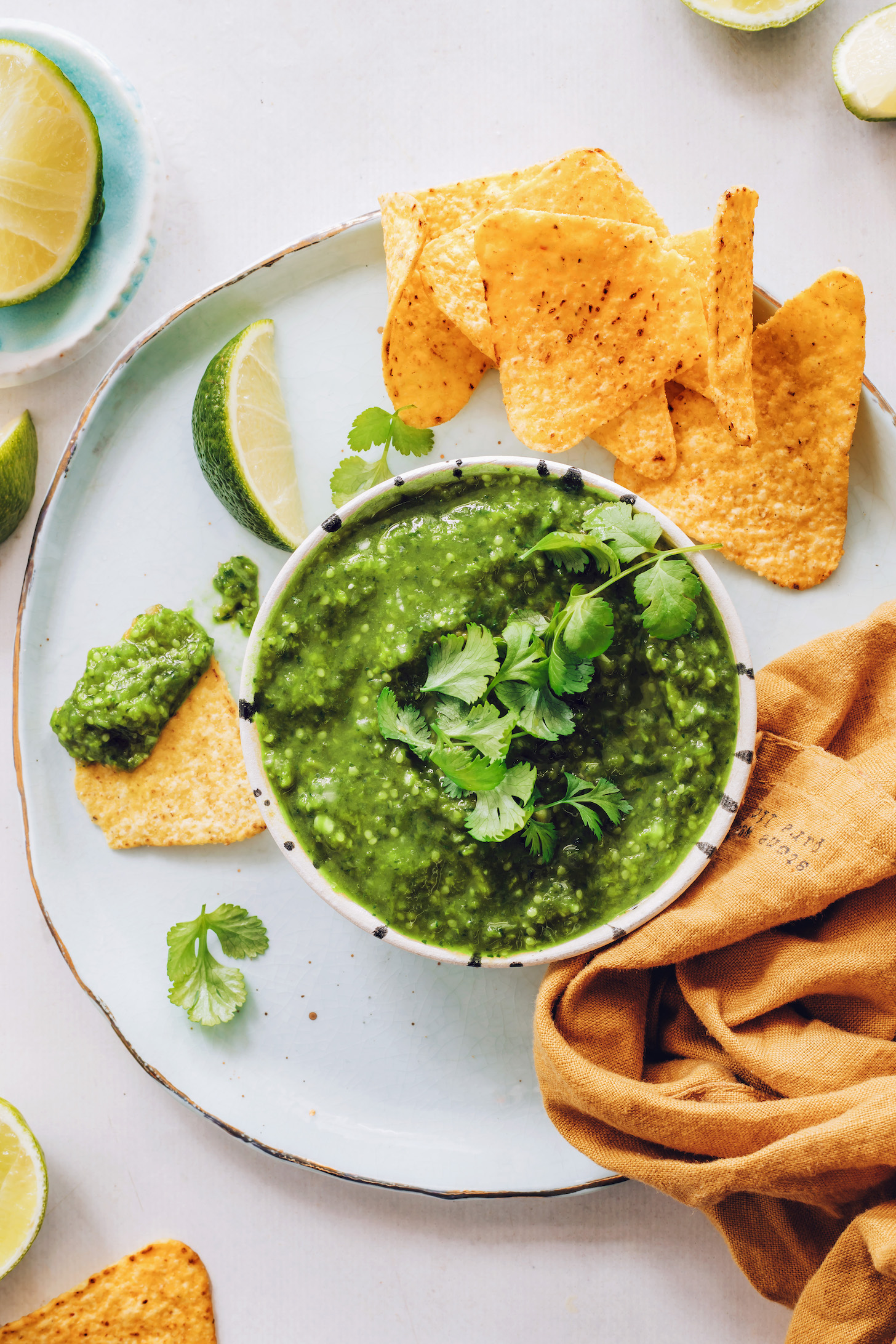 Tortilla chips on a plate next to a bowl of our roasted salsa verde recipe