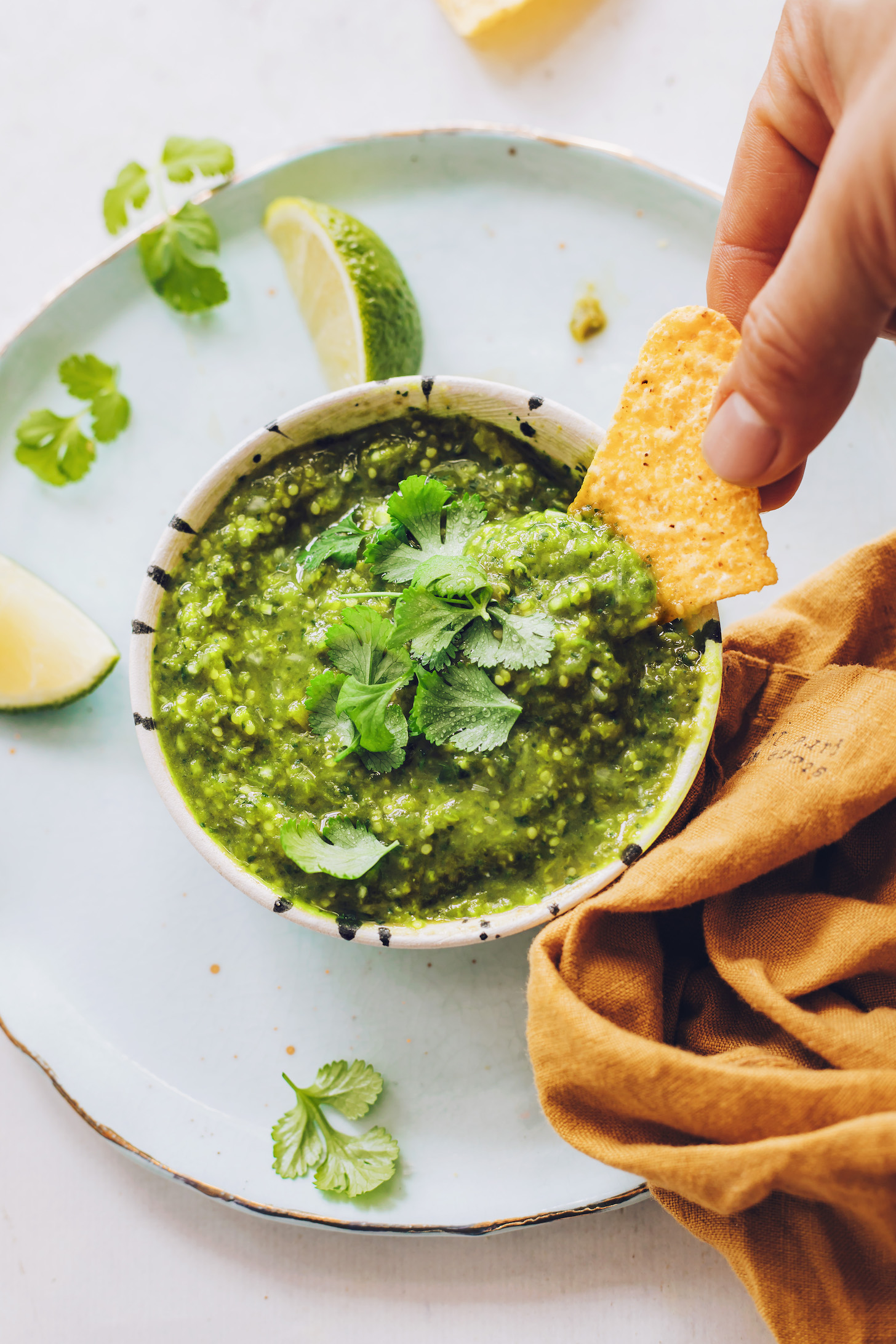 Dipping a tortilla chip into a bowl of roasted salsa verde