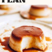 Small plate with vegan flan dripping with a naturally sweetened caramel sauce