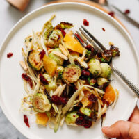 Plate of roasted brussel sprout salad with orange, cranberries, and almonds