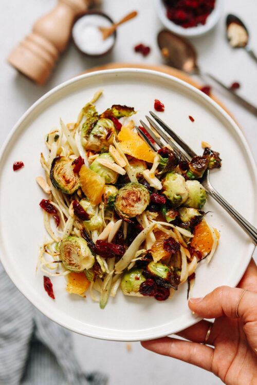 Plate of roasted brussel sprout salad with orange, cranberries, and almonds