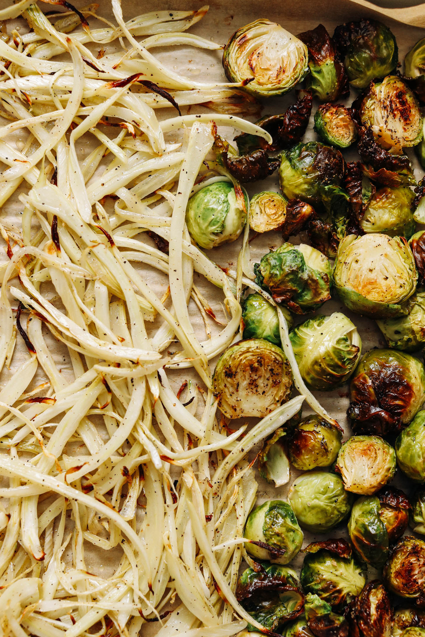 Roasted fennel and Brussels sprouts on a baking sheet