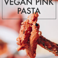 Fork of creamy vegan pink pasta