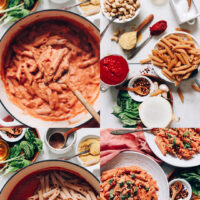 Photos of the process of making our easy vegan pink pasta recipe